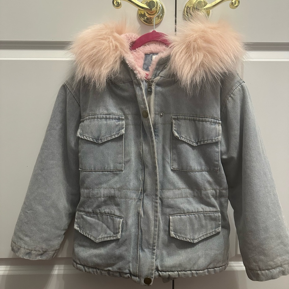 Denim Fur Hooded Winter Coat Jacket